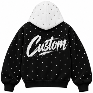 Sudadera con Capucha y Cremallera Unisex Oversize con Bloques de Color, 100% Algodón, Diseño de Puntos Bordados con Pedrería, Negra y Blanca, Casual de Invierno - Product Image 2