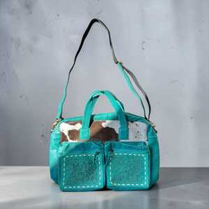 Turquoise Genuine <b>Leather</b> <b>Soft</b> <b>Bag</b> With Cowhide Panel And Embossed Pockets Fashion Women's Daily Multi-Functional Handbag - Product Image 1
