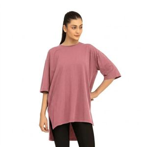 Camiseta Oversize de Manga Corta Rosa Polvoriento para Mujer, Corte Holgado, Cuello Redondo, Estilo Casual Largo, Básico, Streetwear, Ropa Diaria - Product Image 1