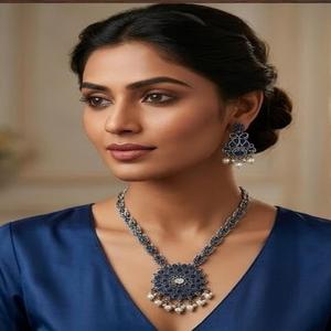 DIVYORO Royal Blue Floral Motif Oxidized Silver <b>Boho</b> Chic Adjustable Length <b>Necklace</b> and Earring Set for Anniversary - Product Image 4