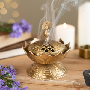 Antique brass dhoop incense <b>burner</b> stand with a long carved <b>side</b> handle for pooja, available at wholesale prices. - Product Image 3