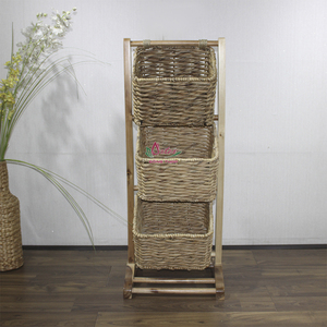 Boho Chic 3-Tier Woven Water Hyacinth & Wooden Rack <b>Storage</b> Unit Handmade Eco-Friendly <b>Shelf</b> for Home Organization - Product Image 1