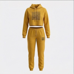 Conjunto de Sudadera con Capucha de 2 Piezas para Mujer, Amarillo Mostaza, Estampado Geométrico, Pantalones Deportivos Largos de Punto Casual y Top Corto, Corte Regular - Product Image 1