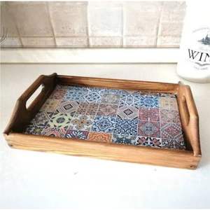 Bandeja Redonda de Madera Esmaltada Estilo Vintage, Bandeja Grande Decorativa para Desayuno y Organizador de Cocina, Tabla para Servir con Asas Recortadas - Product Image 4