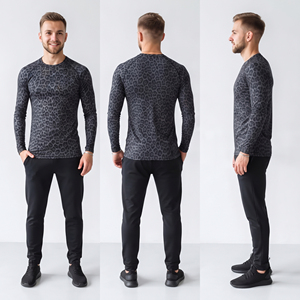 Wholesale Custom Printed <b>Men</b> Long Sleeve Fitness Tee Muscle Fit Gym Workout Top <b>Men</b> <b>Leopard</b> <b>Print</b> Yoga Tee Top - Product Image 5