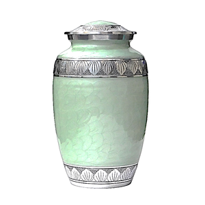 Urnas de cremación de aluminio para adultos con grabado en estaño y acabado en esmalte verde claro, urnas metálicas para cenizas humanas. - Product Image 1