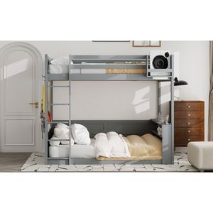 Letto a Castello in Legno Grigio Misura Queen con Luce LED, Stazione di Ricarica USB, Mensole Integrate e Vano Portaoggetti, Consegna Prevista 30/06 - Product Image 6