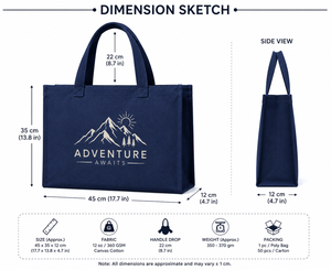 Sac fourre-tout en toile « L'aventure vous attend » grand format bleu marine avec motif montagne, sac de shopping pour usage quotidien avec poignée de transport - Product Image 2