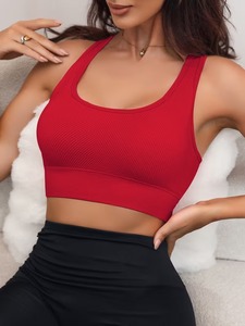 Seamless Ribbed Band Fitness Crop Top | Scoop Neck Racerback <b>Running</b> Sports Bra | Ladies <b>Padded</b> Compression Exercise Wear - Product Image 5