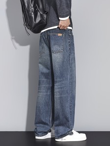 Jeans baggy classiques bleu foncé pour homme |   Pantalon en jean à coupe décontractée et jambes larges |   Pantalon décontracté à jambe droite, style streetwear urbain - Product Image 3