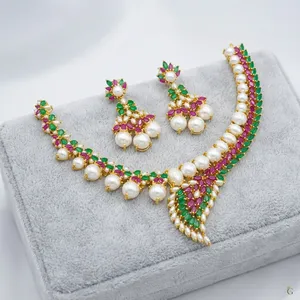 Flower Pattern Imitation <b>Pearl</b> Necklace and Earring <b>Set</b> Gold Plated Alloy Women's Indian Wedding <b>Jewelry</b> Classic Style - Product Image 1