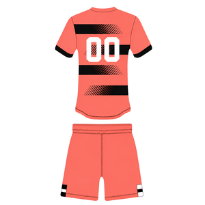 Ensemble short et maillot de rugby rose corail et noir, manches courtes, col rond, uniforme d'équipe rayé, personnalisable, respirant, pour l'entraînement et la performance - Product Image 2