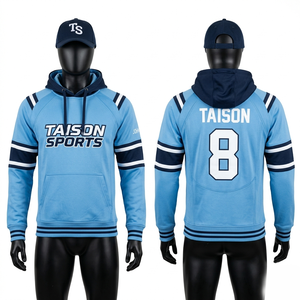 Sweat à capuche de rugby en molleton de coton et polyester 320 GSM de qualité supérieure, rouge avec empiècements contrastants et rayures, logo personnalisé imprimé à l'écran, modèle pull-over - Product Image 3