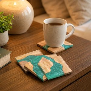 Handmade <b>Wood</b> Resin Coasters Green River Design Modern Non-Slip Durable Square <b>Table</b> <b>Mats</b> for Hotels - Product Image 2