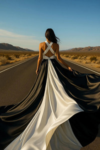 Elegante Vestido Largo de Satén de Seda en Dos Tonos Blanco y Rojo para Mujer, Cuello en V Profundo, Cuello Halter, Espalda Descubierta, Vestido de Noche Fluido - Product Image 3