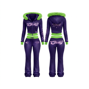 <b>Women's</b> <b>Purple</b> Hooded <b>Tracksuit</b> With Pink Fur Trim Crop Top And Sweatpants Sublimation Printed Letter Design Winter Wear - Product Image 4
