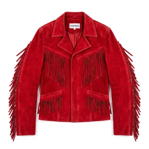 Unisex Red Real Suede <b>Fringe</b> Leather Winter <b>Jacket</b> Western Cowboy Button Front Custom Logo Design Vintage Fashion Outerwear - Product Image 1