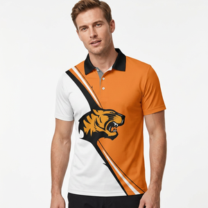 Men's Short Sleeve <b>Polo</b> Shirt With Tiger Print <b>Orange</b> White Color Block Breathable Knitted Polyester Casual Fit - Product Image 3