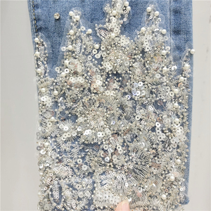 Glory New 2025 Pantalones de mezclilla rectos ajustados elásticos para mujer con cuentas, cintura alta, lentejuelas, encaje y diseño floral calado - Product Image 5