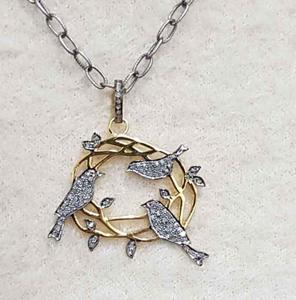 Pendentif oiseaux sur couronne vintage en argent sterling 925 plaqué rhodium noir, pavé de diamants, taille 35x40MM, pour mariage, fiançailles, cadeau - Product Image 2