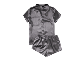 Summer Pajamas for Women Women's Casual Solid Silk Satin Pajama Set <b>Short</b> Sleeve Button Up Top & <b>Shorts</b> Sleepwear - Product Image 2