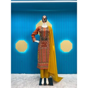 ÚLTIMO ESPEJO IMPRESO DE MUSELINA TRABAJO FONDO SUPERIOR CON MOSTAZA DUPATTA - Product Image 1