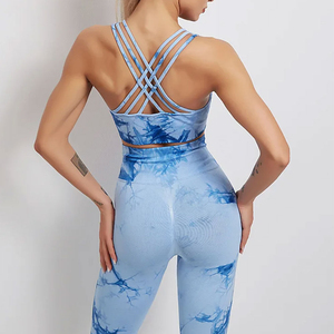 Women's Blue <b>Tie</b> Dye Yoga Set High Waist Leggings Crisscross <b>Back</b> Sports Bra Full Length Activewear Sublimation Print - Product Image 1