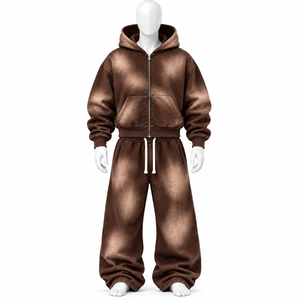 Ensemble de survêtement personnalisé marron délavé, coupe ample, en coton épais, avec sweat à capuche zippé et pantalon large unisexe pour un confort optimal - Product Image 1