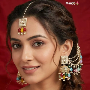 Bridal Ethnic Vintage Drop Earrings Alloy <b>Gold</b> Plating Third Party Certified Matching Maang Tikka Traditional Jewelry <b>Set</b> High - Product Image 1