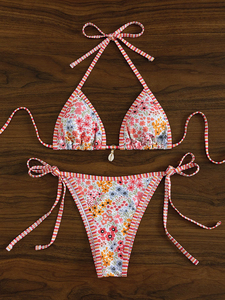 Ensemble de bikini sexy 2 pièces avec haut à larges bretelles, imprimé floral, maillot de bain à col en V et bas taille basse à nouer dans le dos - Product Image 4