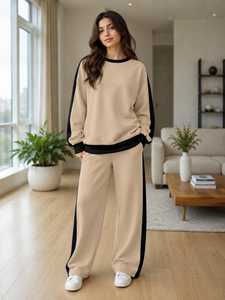 Conjunto Deportivo 2 en 1 para Mujer, Color Beige con Bloques de Color, Diseño de Puntos, Manga Larga, Capucha, Corte Holgado, Informal, para Otoño, con Bolsillos Laterales - Product Image 4