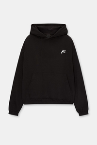 เสื้อฮู้ดดี้โอเวอร์ไซส์สีดำสำหรับทุกเพศ สไตล์สตรีทแวร์ ผ้าฝ้ายฟลีซ 100%  โลโก้สั่งทำพิเศษ  ดีไซน์กระเป๋าโลโก้ด้านหน้า  น้ำหนักมาก  สไตล์อเมริกัน - Product Image 3