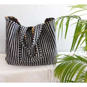 Bolsa de Mano de Algodón Hecha a Mano con Estampado de Bloques, Cierre de Cremallera, Estilo Boho, Reutilizable, para Compras, para Mujer - Product Image 3