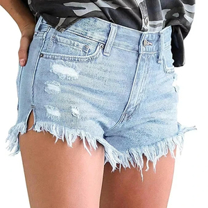 Shorts de mezclilla desgastados para mujer al por mayor, con cintura alta, diseño sin roturas en las rodillas, lavado vintage, logotipo personalizado - Product Image 1