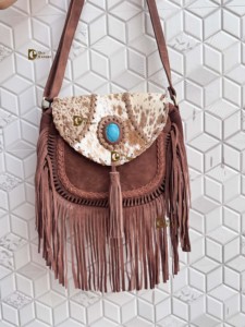 Bolso de Mano de Cuero con Flecos de Piel de Vaca, Bolso Bandolera con Piedra Turquesa, Estilo Bohemio Gitano Vintage, Hecho a Mano, Nuevo Diseño, Multiusos, Elegante - Product Image 2