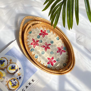 Plateau élégant rond personnalisable en nacre et rotin, 2 pièces, pour le rangement des collations sur table et les objets artisanaux - Product Image 4