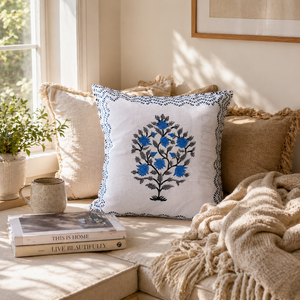 Boho Blue Floral Cushion Cover Cotton Hand Block Printed Decorative <b>Throw</b> Pillow Cover <b>for</b> Sofa Chair - Product Image 4