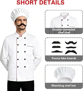 Chaqueta de Chef Blanca de Manga Larga para Hombre con Gorro y Bigote, Uniforme para Restaurante o Bar, Cierre de Botones, Tejido de Algodón - Product Image 4