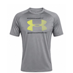 Men's Gray Raglan Sleeve T-<b>Shirt</b> With Yellow Logo Quick Dry Sporty Fit Regular Length O-Neck Knitted <b>Polyester</b> Men's T-<b>Shirts</b> - Product Image 1