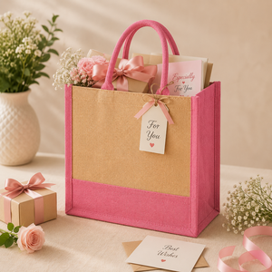 กระเป๋าโท้ทผ้าปอกระเจาสีชมพูพร้อมหูหิ้วด้านบน ดีไซน์ทรงแข็งแรง - Product Image 3