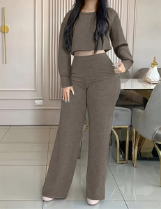 Women 2-Piece <b>Knitted</b> <b>Set</b> Gray Full Sleeve Crop Top High Waist Wide Leg Pants Casual Solid Color All Seasons Loose Fit - Product Image 4