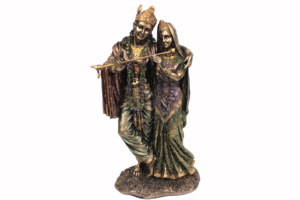 Estatua Tradicional Hecha a Mano de Resina de Radha Krishna Tocando Flauta, Acabado Metálico Cobre Antiguo, Ídolo de Pareja Divina para Mesa del Hogar - Product Image 3