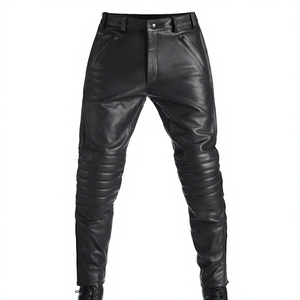 <b>Men's</b> Black <b>Leather</b> Moto Biker <b>Pants</b> High Waist Straight Fit With Side Pockets Button Fly Heavyweight Autumn Style - Product Image 1