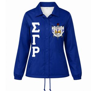 เสื้อแจ็คเก็ต Sigma Gamma Rho ลายเส้นสีน้ำเงิน ดีไซน์ตัวอักษรแนวตั้ง ปรับแต่งได้ตามต้องการ พร้อมตราสัญลักษณ์ SGRho ของชมรมนักศึกษากรีก  เสื้อแจ็คเก็ตซิปเต็มตัวสำหรับนักศึกษา - Product Image 1