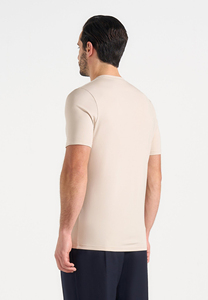 Camiseta de Algodón para Hombre, Color Beige, Manga Corta, Cuello Redondo, Corte Regular, Estilo Casual, Color Sólido, Tejido Transpirable - Product Image 6