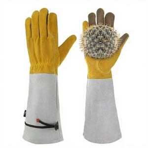 Leather Gardening Gloves 14 Inch Adjustable Wristband Puncture Resistant Anti <b>Slip</b> <b>Full</b> Grain Yellow with Gray Cuff - Product Image 3