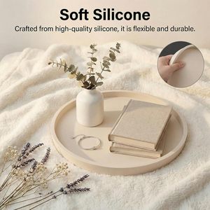 Plateau de salle de bain décoratif rond en silicone beige de 9 pouces, plateau de comptoir pour salle de bain, porte-parfum, commode - Product Image 4