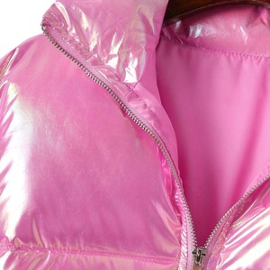 Warn Winter Custom Embroidery Logo Metallic <b>Pink</b> Women Crop Puffer <b>Jacket</b> Stand Collar High Quality Women Zipper Bomber Coat - Product Image 4