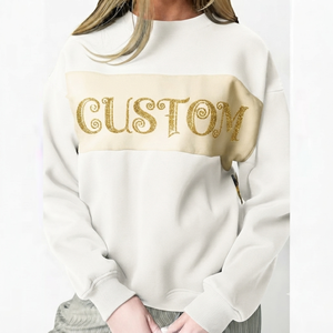 Sweat-shirt à col montant personnalisé pour femme avec imprimé pailleté, motif lettres dorées, en coton tricoté, coupe classique, manches longues, mode automne - Product Image 1