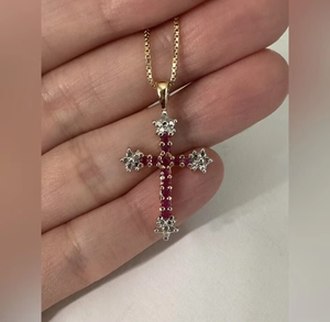 Collier Croix Rubis en Argent 925 Plaqué Or, Pendentif Foi Chrétienne, Bijoux Religieux, Bijoux Pierre de Naissance, Cadeaux Bapistam - Product Image 1